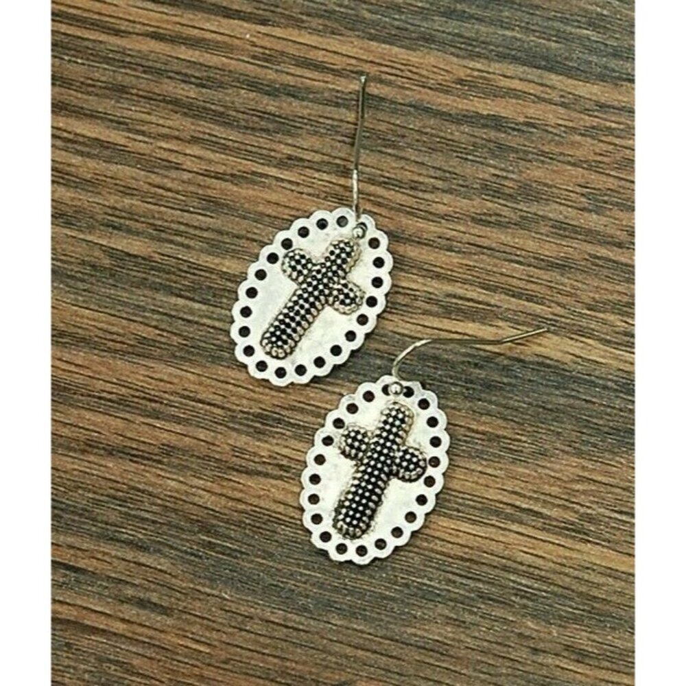 Silver Plate BOHO Scalloped Raised Beaded Cross Faith Bling Earrings NWT